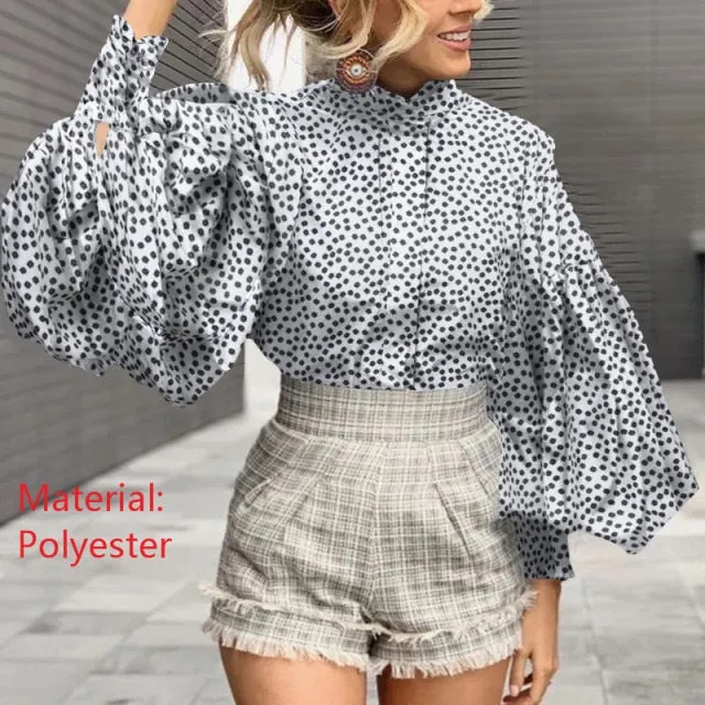 Purpdrank - Fashion Women Big Lantern Sleeve Blouses Elegant Office Blusas Autumn Stand Collar Work Casual Solid Vintage Tops