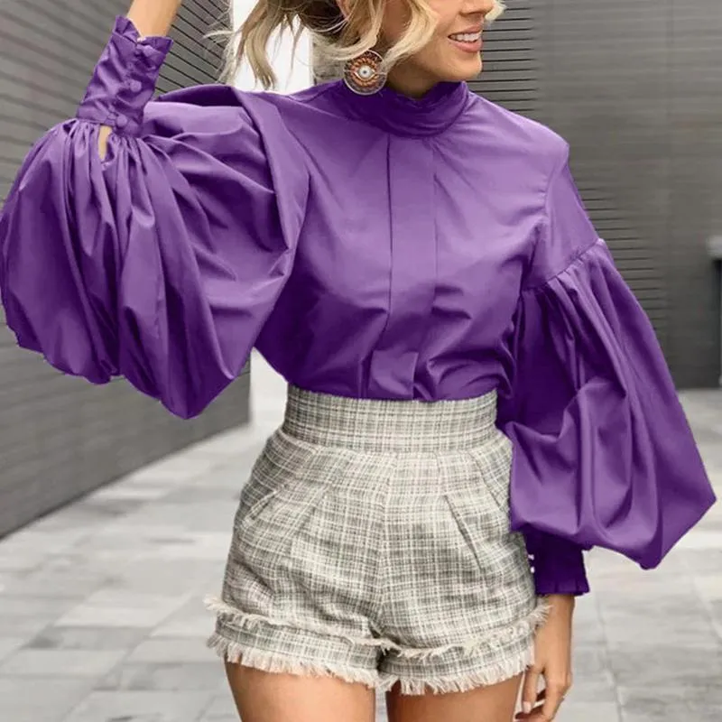 Purpdrank - Fashion Women Big Lantern Sleeve Blouses Elegant Office Blusas Autumn Stand Collar Work Casual Solid Vintage Tops