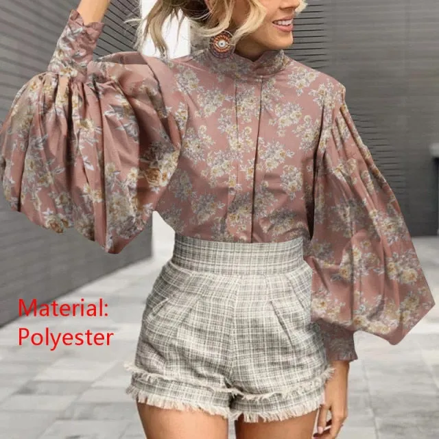 Purpdrank - Fashion Women Big Lantern Sleeve Blouses Elegant Office Blusas Autumn Stand Collar Work Casual Solid Vintage Tops