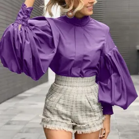 Purpdrank - Fashion Women Big Lantern Sleeve Blouses Elegant Office Blusas Autumn Stand Collar Work Casual Solid Vintage Tops