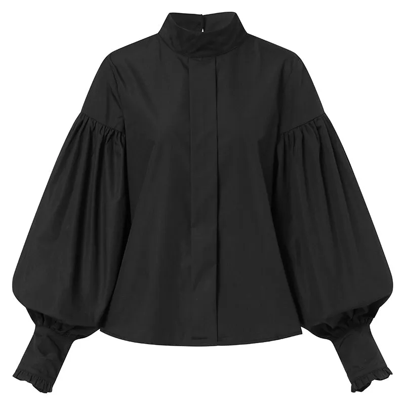 Purpdrank - Fashion Women Big Lantern Sleeve Blouses Elegant Office Blusas Autumn Stand Collar Work Casual Solid Vintage Tops