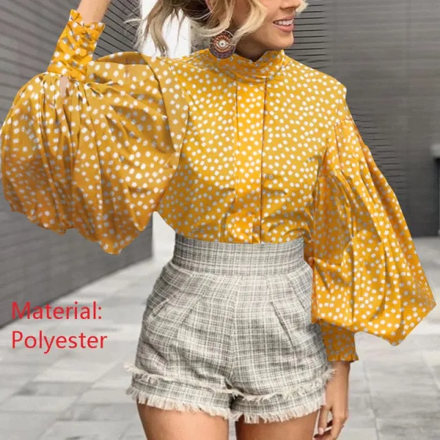 Purpdrank - Fashion Women Big Lantern Sleeve Blouses Elegant Office Blusas Autumn Stand Collar Work Casual Solid Vintage Tops