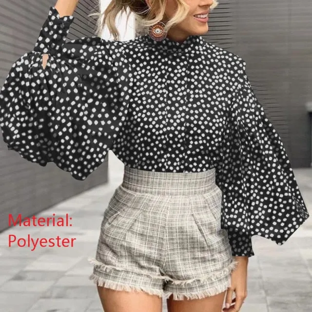 Purpdrank - Fashion Women Big Lantern Sleeve Blouses Elegant Office Blusas Autumn Stand Collar Work Casual Solid Vintage Tops
