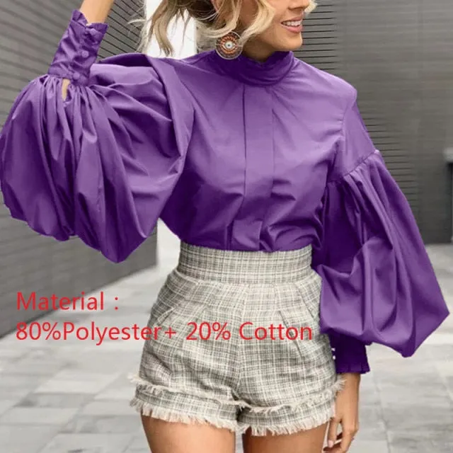 Purpdrank - Fashion Women Big Lantern Sleeve Blouses Elegant Office Blusas Autumn Stand Collar Work Casual Solid Vintage Tops