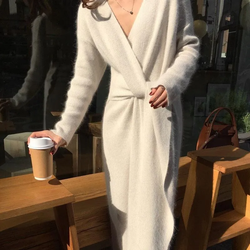 Sweater Dress Women Fashion Office Lady V Neck Knitted