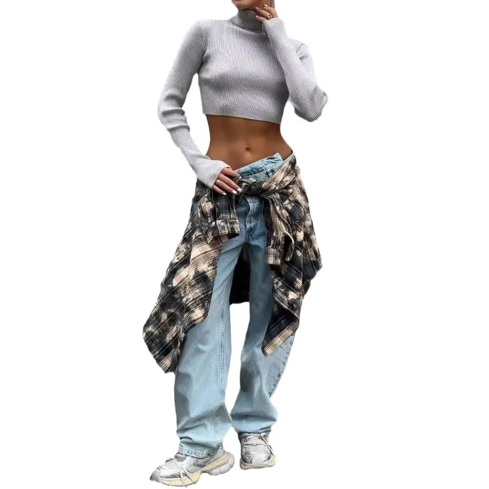 Wenkouban Cropped Sweater with Cropped Navel, Slim-Fit and Slimming Turtleneck Long-Sleeved Top