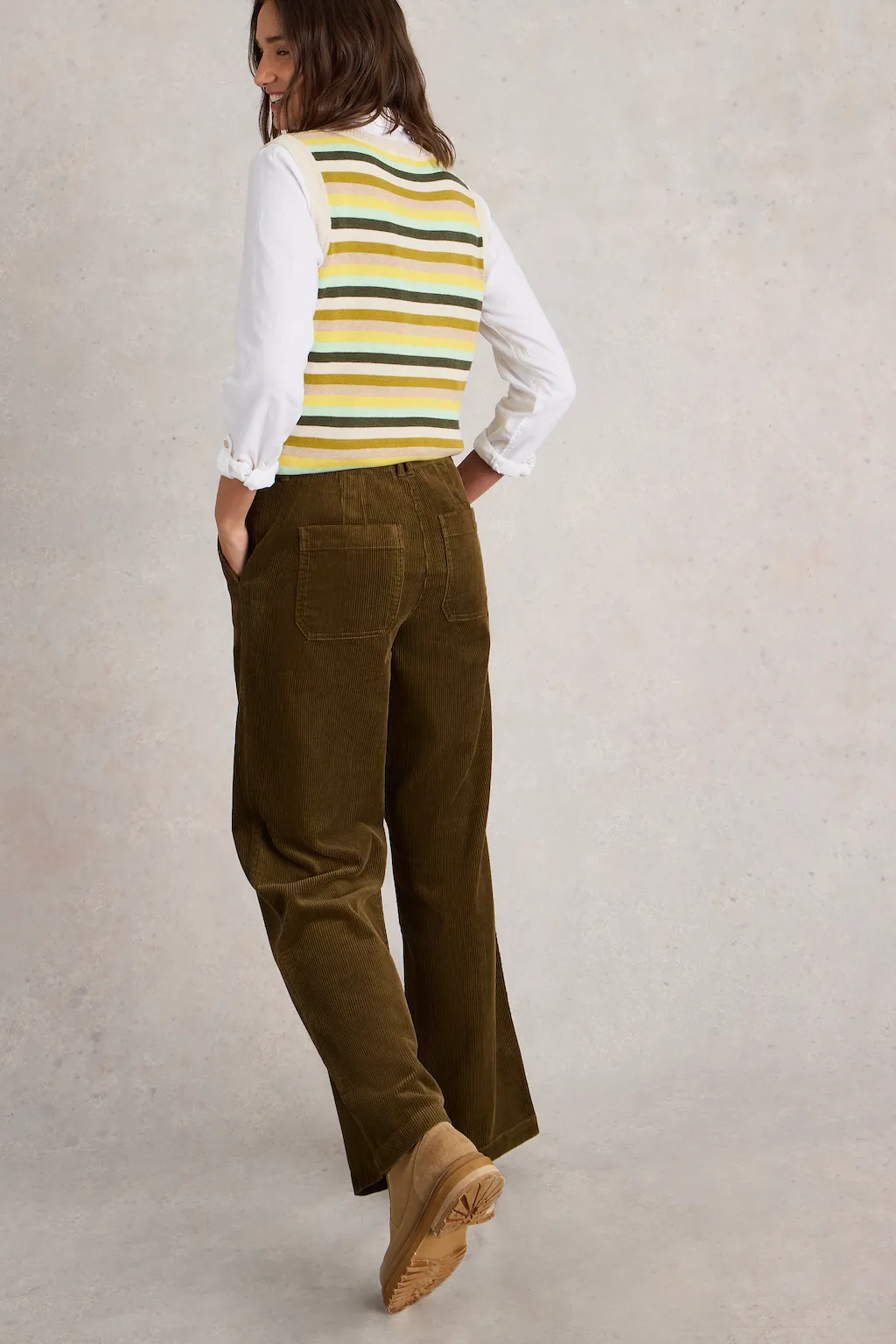 White Stuff Belle Cord Wide Leg Trousers in Khaki Green