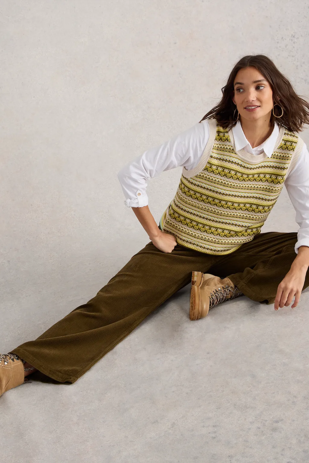 White Stuff Belle Cord Wide Leg Trousers in Khaki Green
