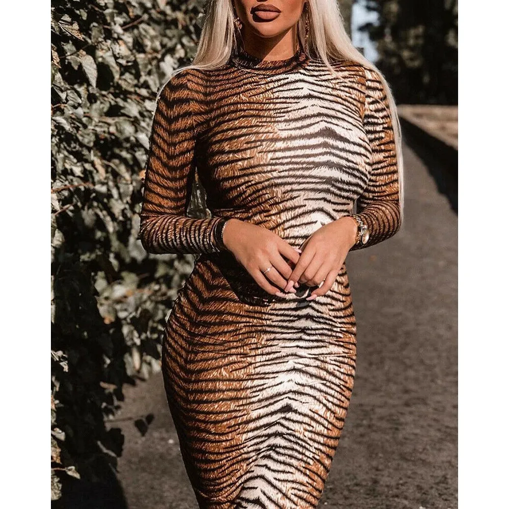 Wjczt Sexy Midi Dress Women&#39;s tiger print Evening Party club wear high neck long sleeve slim stretchy Bodycon Dress