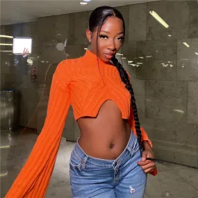Women Crop Top Long Sleeve Knit Sweater